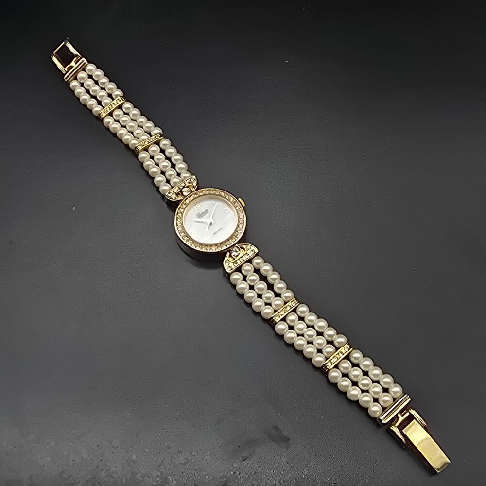 Galaxie by Elgin Faux Pearl Women's Watch Gold Tone Rhinestone WORKS - Picture 6 of 7